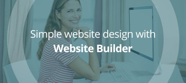 Simple website design with Website Builder - blond woman sat at her computer, smiling. Text over the image that reads "Simple website design with Website Builder"