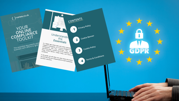 The GDPR logo above someone using a laptop, with screenshots of the e-Book cover