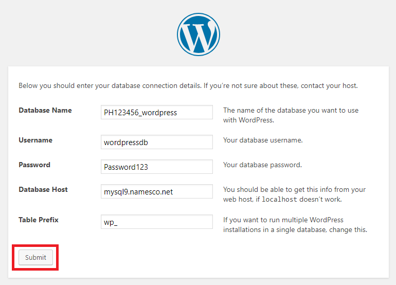wordpress enter database credentials