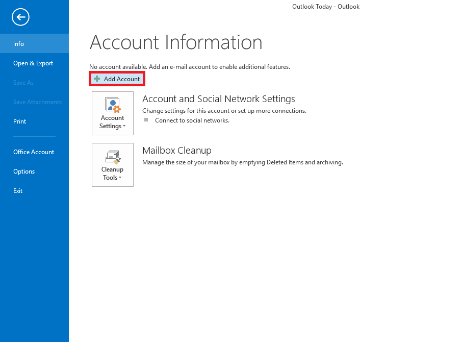 outlook 2016 add account