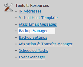 Backup Manager menu Backup Manager menu