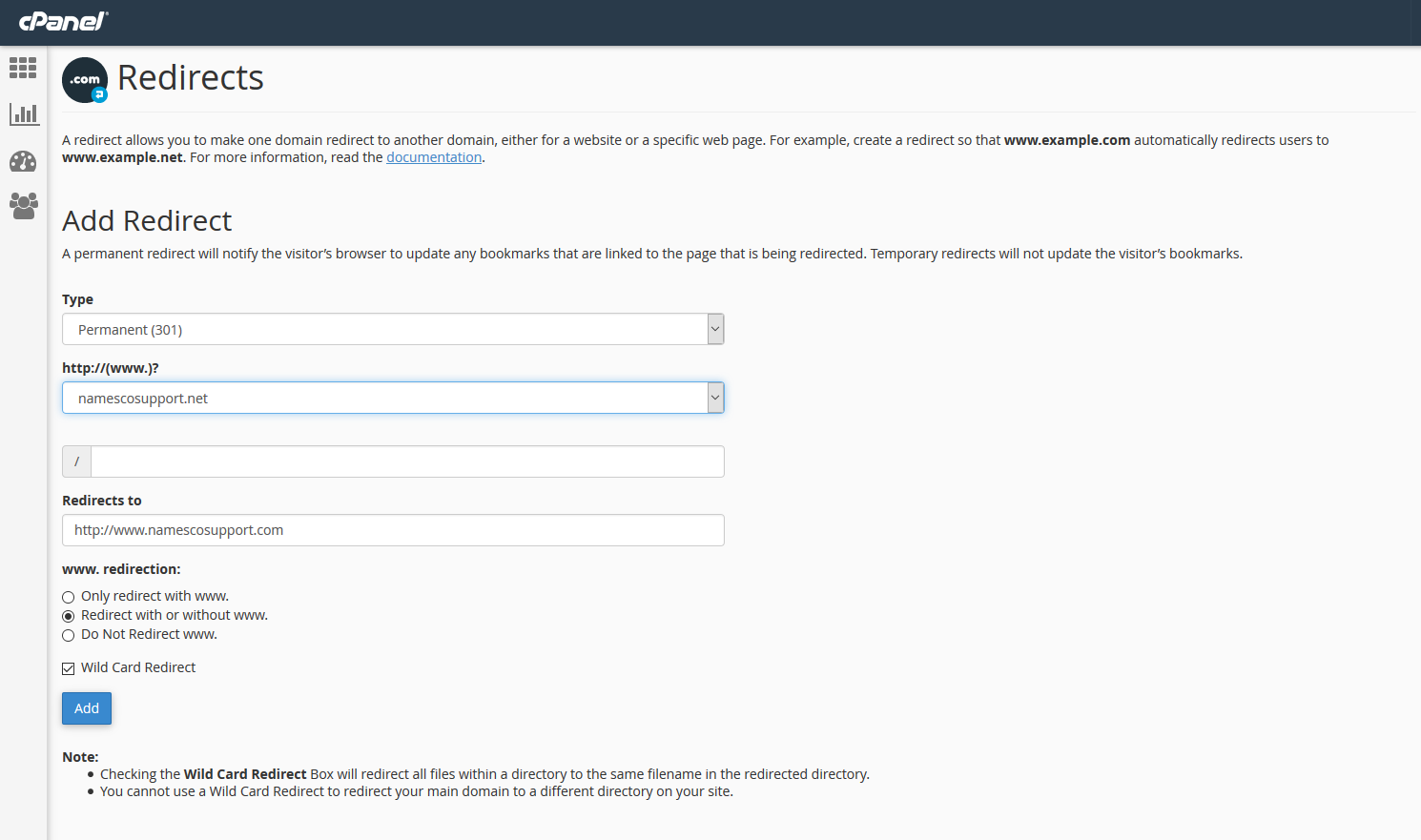 redirect subdomain to ip address cpanel