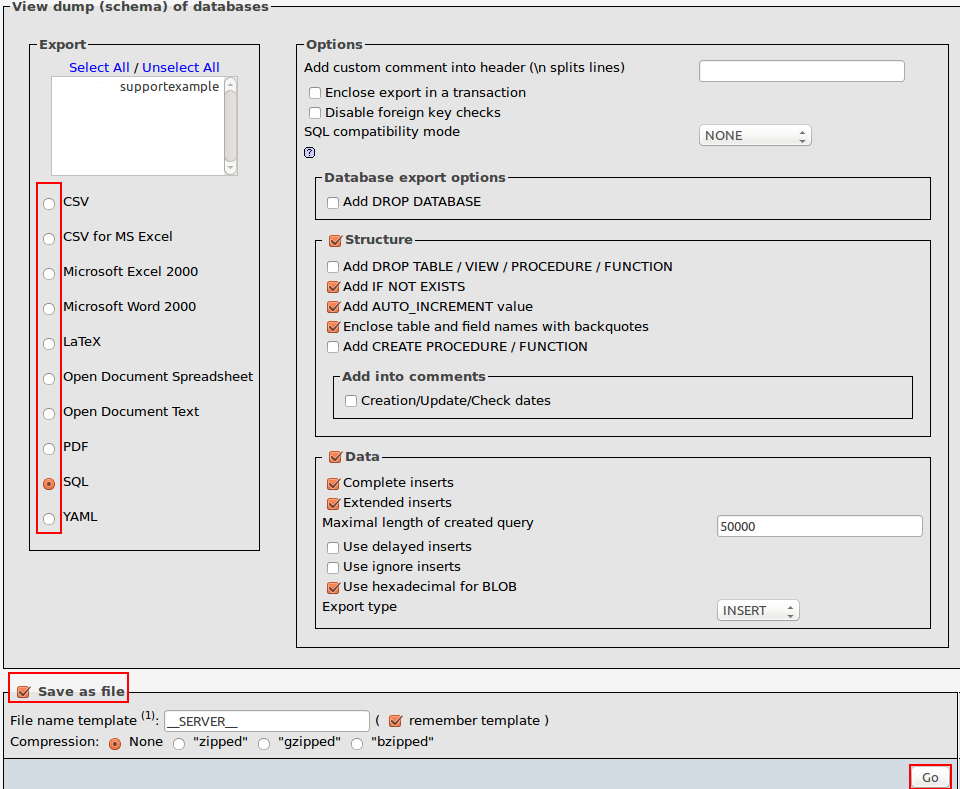 export options export options