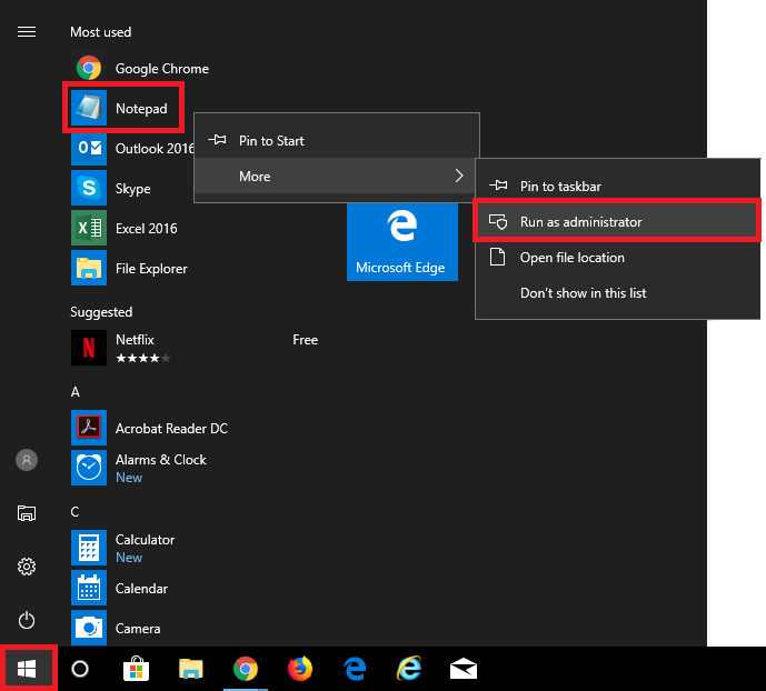 open notepad as an administrator