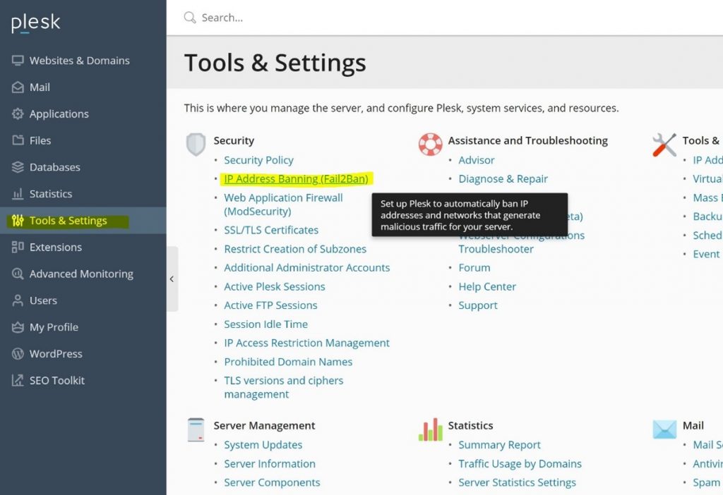 Plesk Tools & SettingsFail2Ban IP Address banning