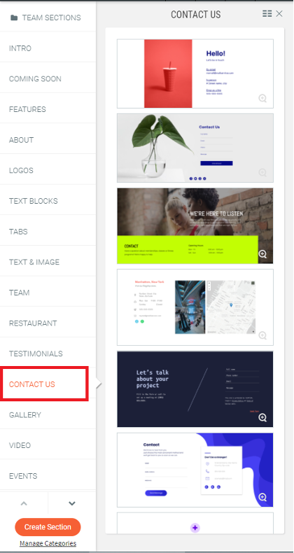 Contact us categories to add in a new section in Website Builder