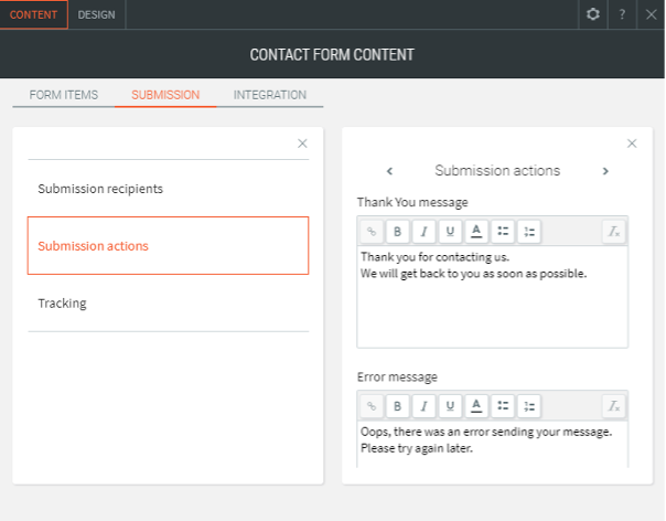 Website Builder contact form submission message