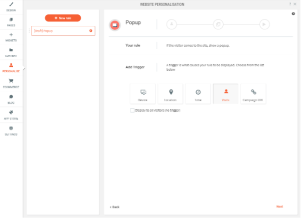 Website builder popup rule settings for visits