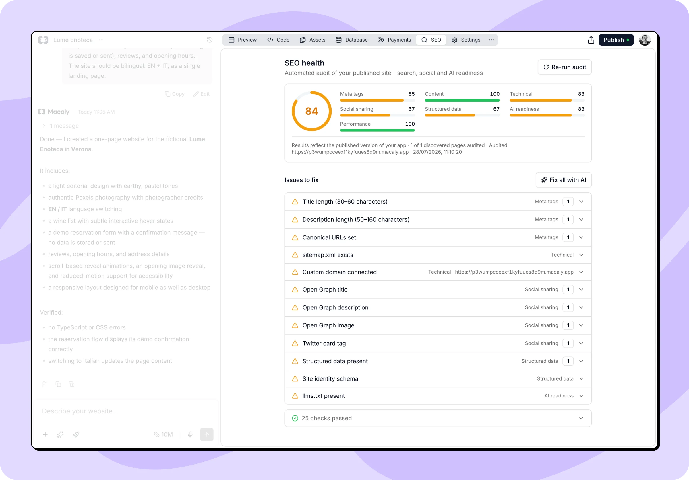 SEO health audit with score, category breakdown, and issues to fix