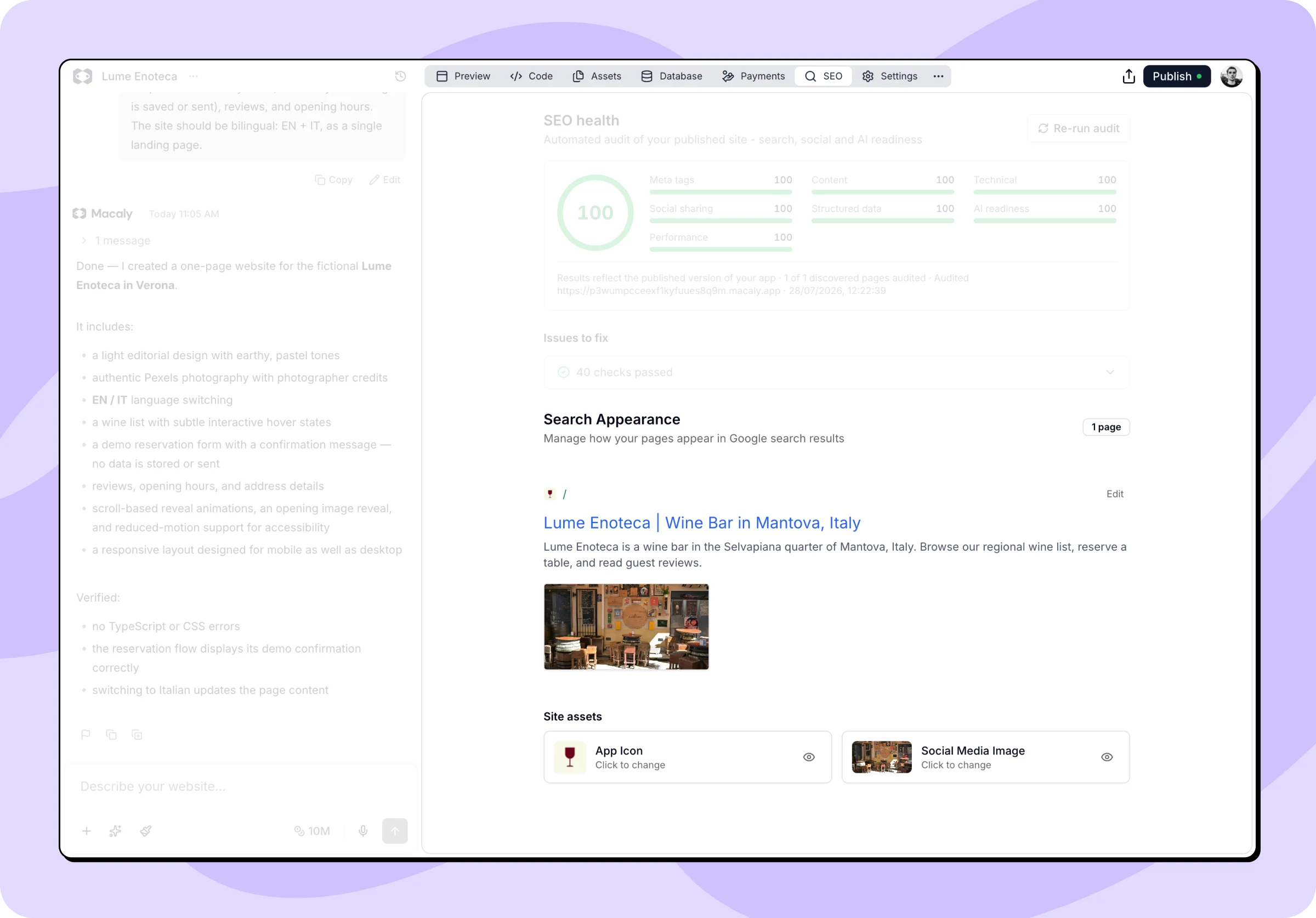 Search Appearance with per-page search preview and site assets